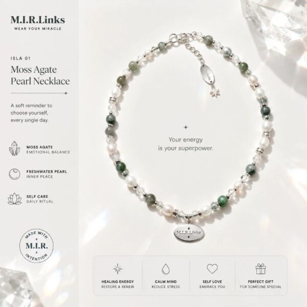 ISLA Moss Agate Pearl Necklace | Self Care Crystal Jewelry for Emotional Balance