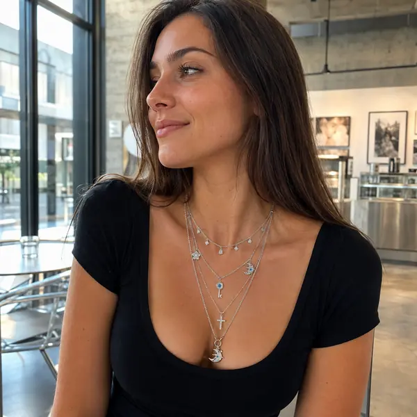 AOI celestial layered necklace in a Gen Z lifestyle scene