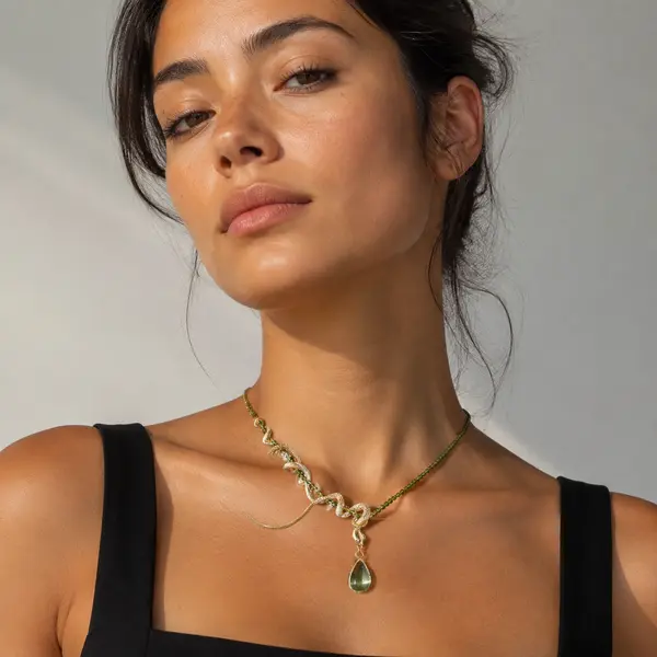 Gen Z woman wearing the ISLA olive-green serpent choker necklace
