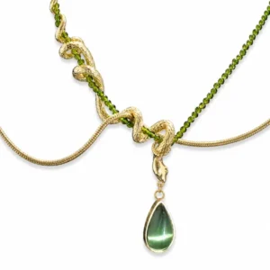 isla-symbiotic-vine-serpent-necklace-hero-white-background ISLA olive green teardrop serpent necklace on a white background