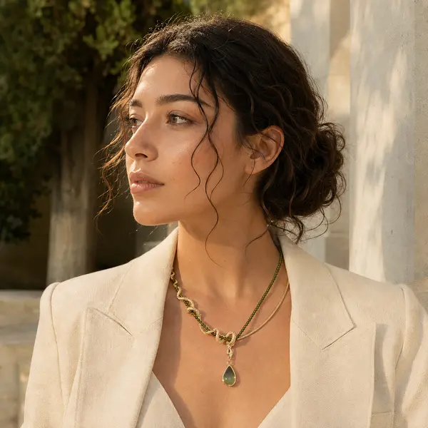 Woman wearing the ISLA serpent necklace in an outdoor quiet-luxury setting
