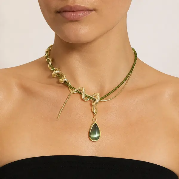 Close-up scale and fit view of the ISLA serpent choker necklace