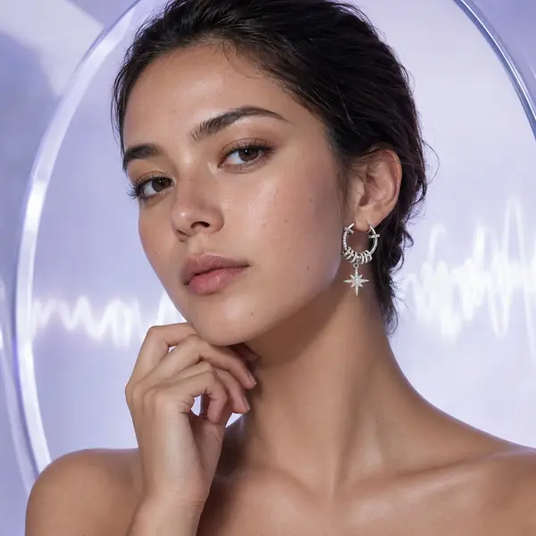 Gen Z model wearing Celestial Starburst Hoop Earrings | Silver-Tone Pavé Drop Earrings in a refined future-lab setting