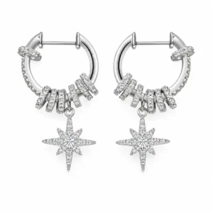 Celestial Starburst Hoop Earrings | Silver-Tone Pavé Drop Earrings on a clean white background