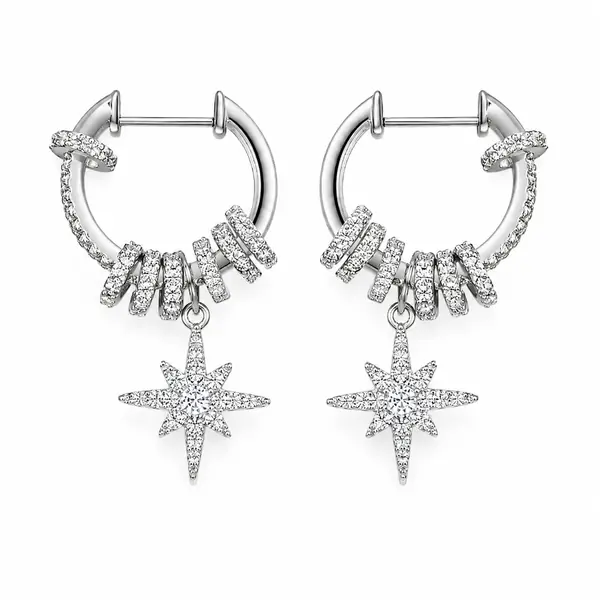 Celestial Starburst Hoop Earrings | Silver-Tone Pavé Drop Earrings on a clean white background