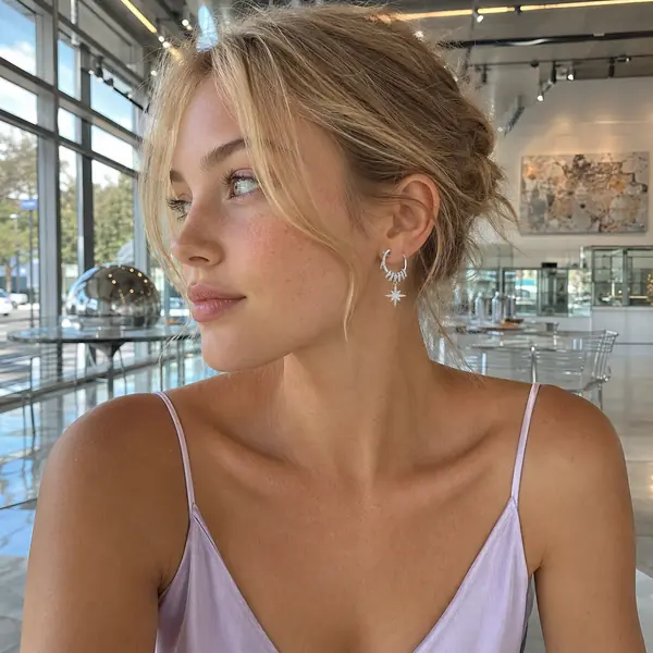 Celestial Starburst Hoop Earrings | Silver-Tone Pavé Drop Earrings styled in an everyday lifestyle scene