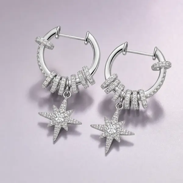 Detailed view of Celestial Starburst Hoop Earrings | Silver-Tone Pavé Drop Earrings