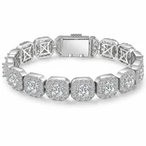 RHEA cushion halo zircon tennis bracelet on a clean white background