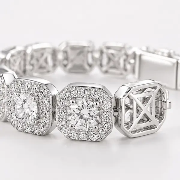 Macro detail of cushion halo settings and X-lattice bracelet gallery